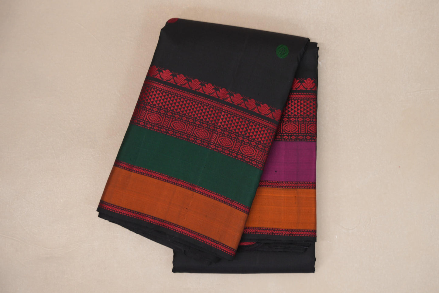 folded Deep Black with Multi Color Borders Thread Woven Kanjivaram Silk Saree