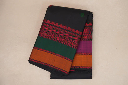 folded Deep Black with Multi Color Borders Thread Woven Kanjivaram Silk Saree
