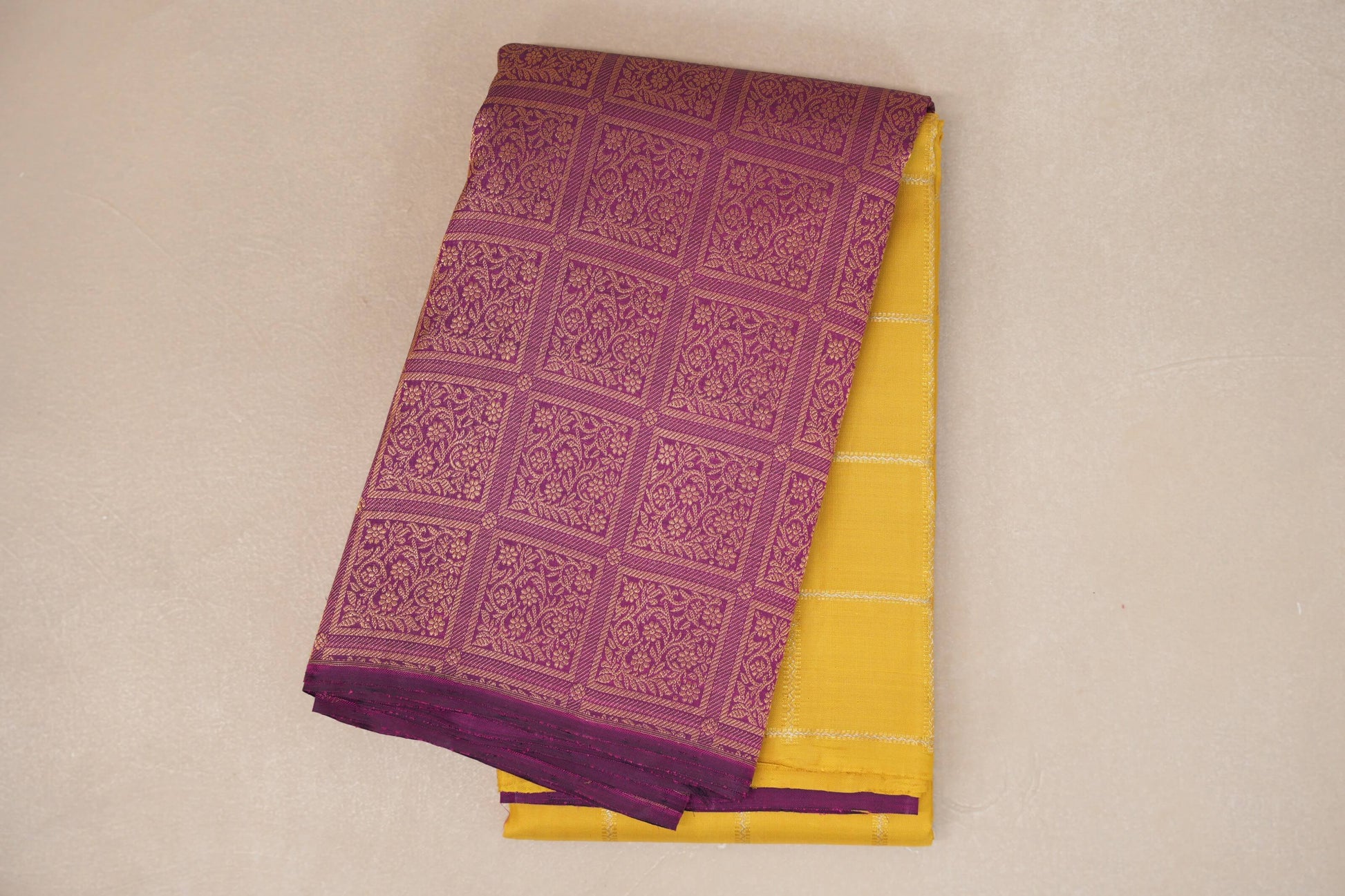 folded Bright Yellow Vintage Kanjivaram Silk Saree 