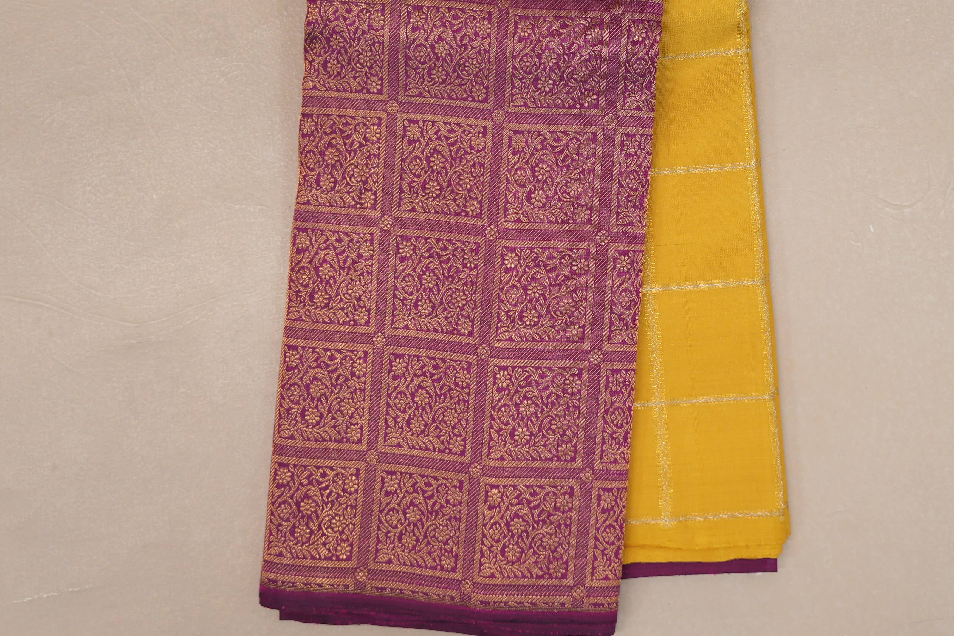 Bright Yellow Vintage Kanjivaram Silk Saree  border zoom
