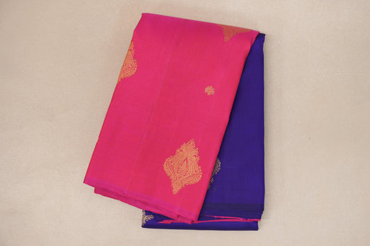 folded Deep Blue with Bright Pink Border Vintage Kanjivaram Silk Saree 