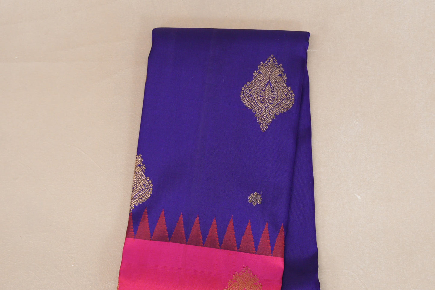 Deep Blue with Bright Pink Border Vintage Kanjivaram Silk Saree  body zoom