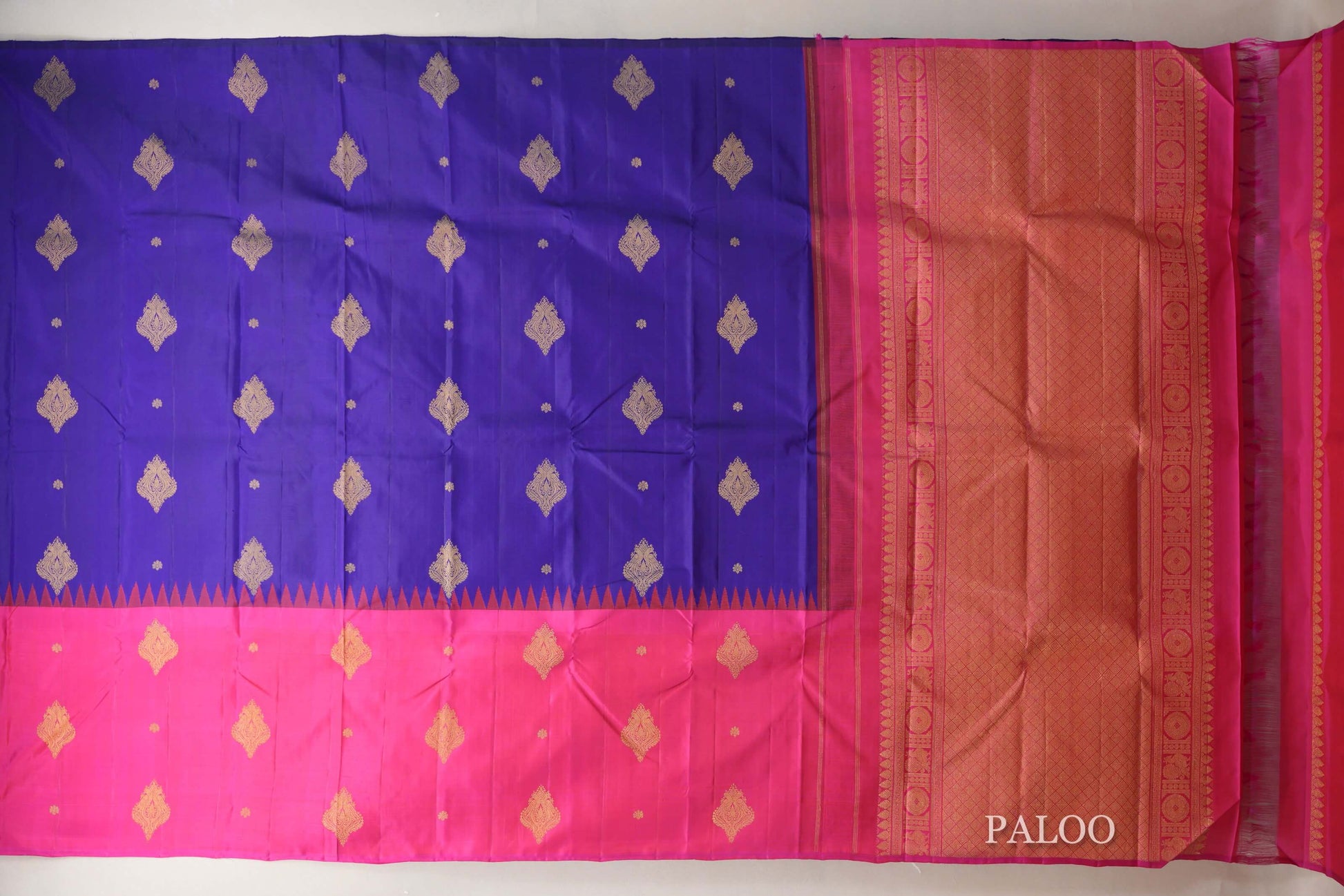 Deep Blue with Bright Pink Border Vintage Kanjivaram Silk Saree  paloo
