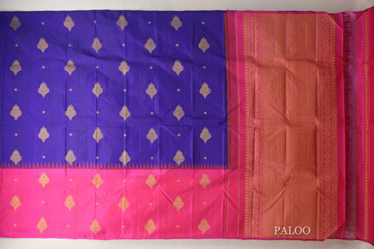 Deep Blue with Bright Pink Border Vintage Kanjivaram Silk Saree  paloo