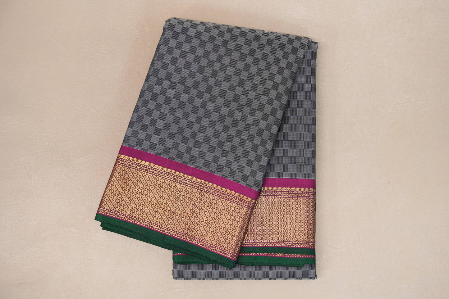 folded Black and Grey Checks Vintage Kanjivaram Silk Saree