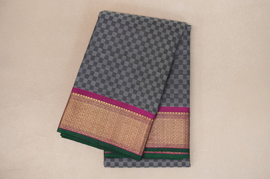 folded Black and Grey Checks Vintage Kanjivaram Silk Saree