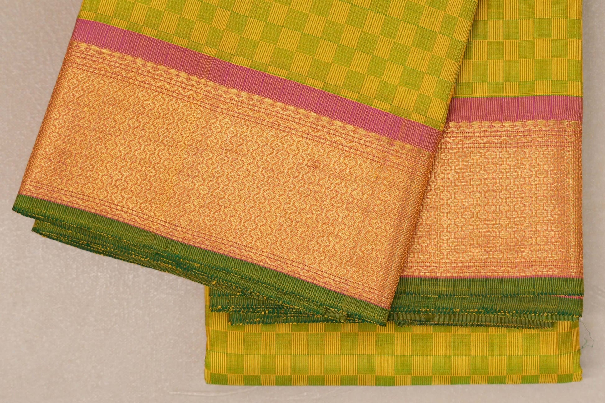Green and Yellow Checks Vintage Kanjivaram Silk Saree border zoom