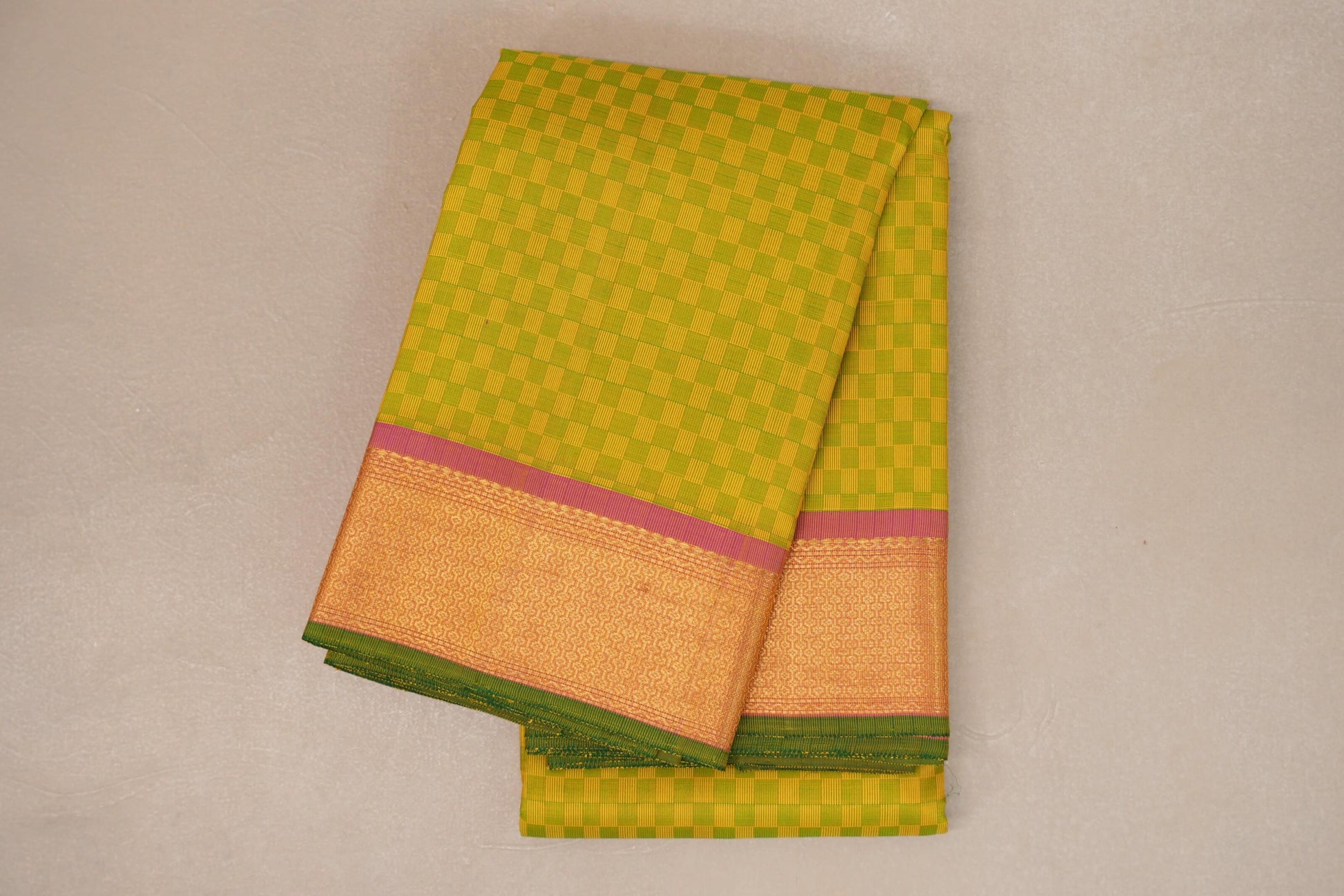 folded Green and Yellow Checks Vintage Kanjivaram Silk Saree