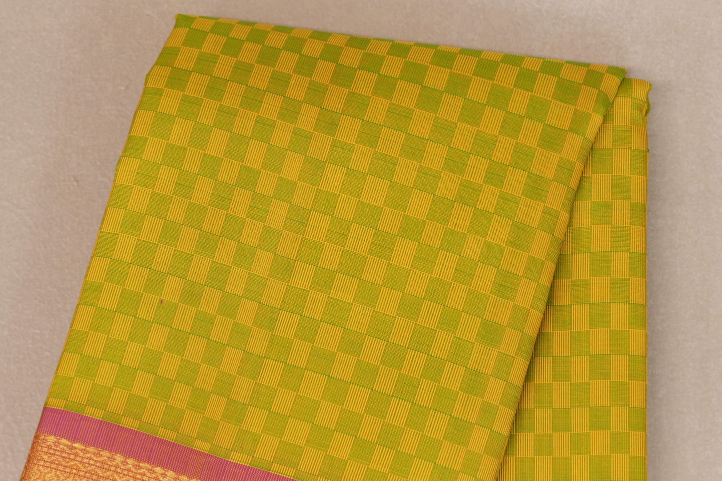 Green and Yellow Checks Vintage Kanjivaram Silk Saree body zoom