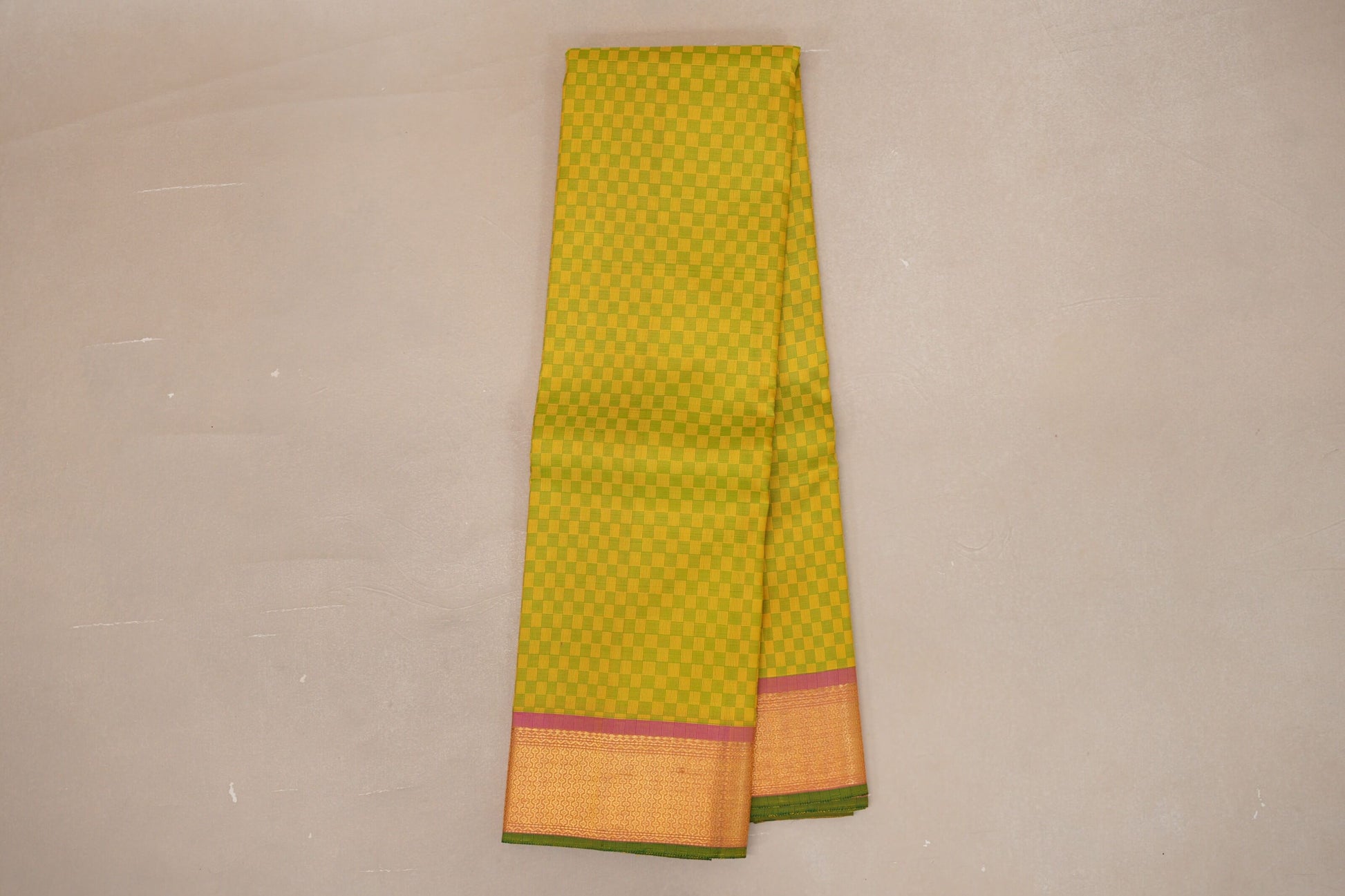Green and Yellow Checks Vintage Kanjivaram Silk Saree online