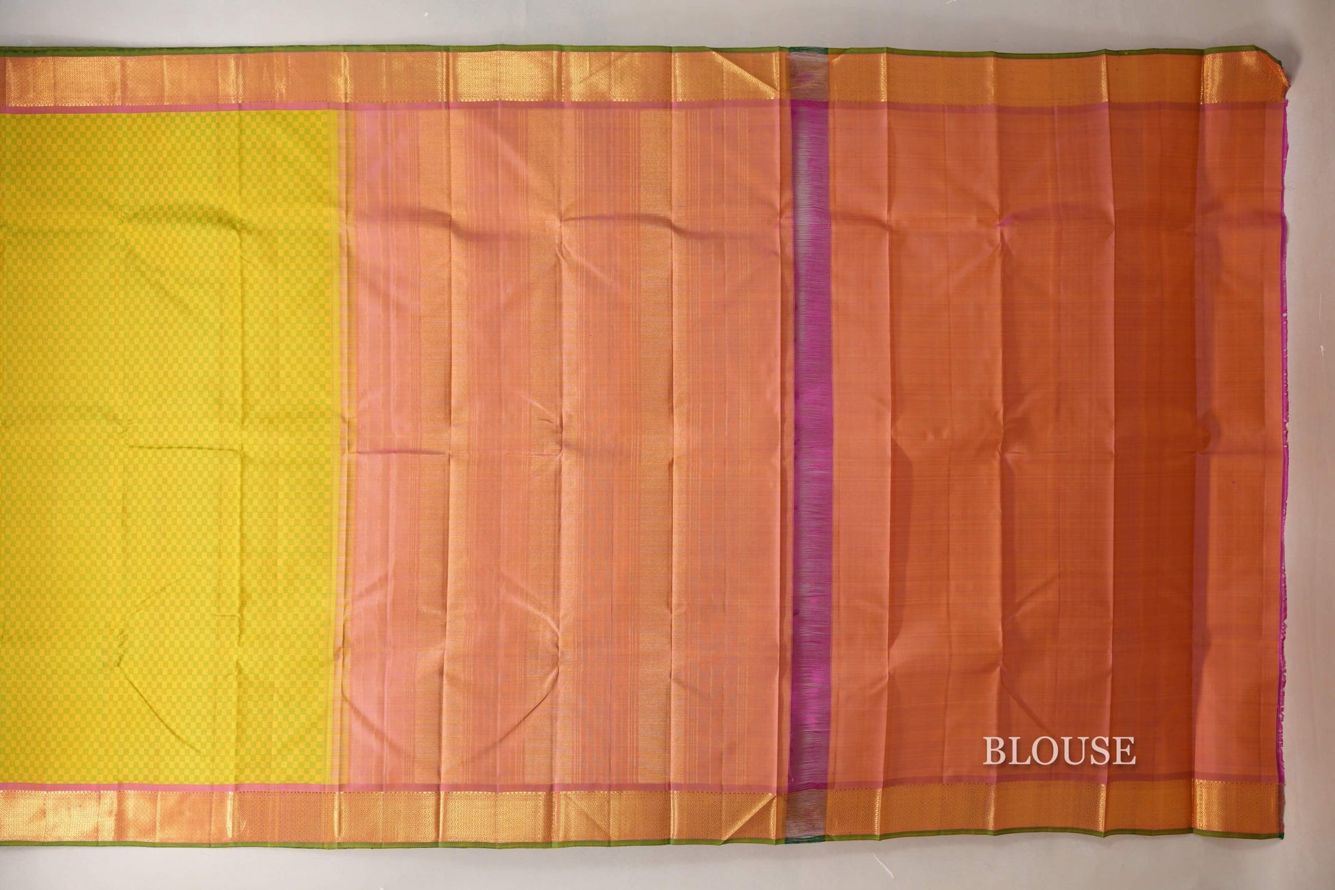 Green and Yellow Checks Vintage Kanjivaram Silk Saree blouse