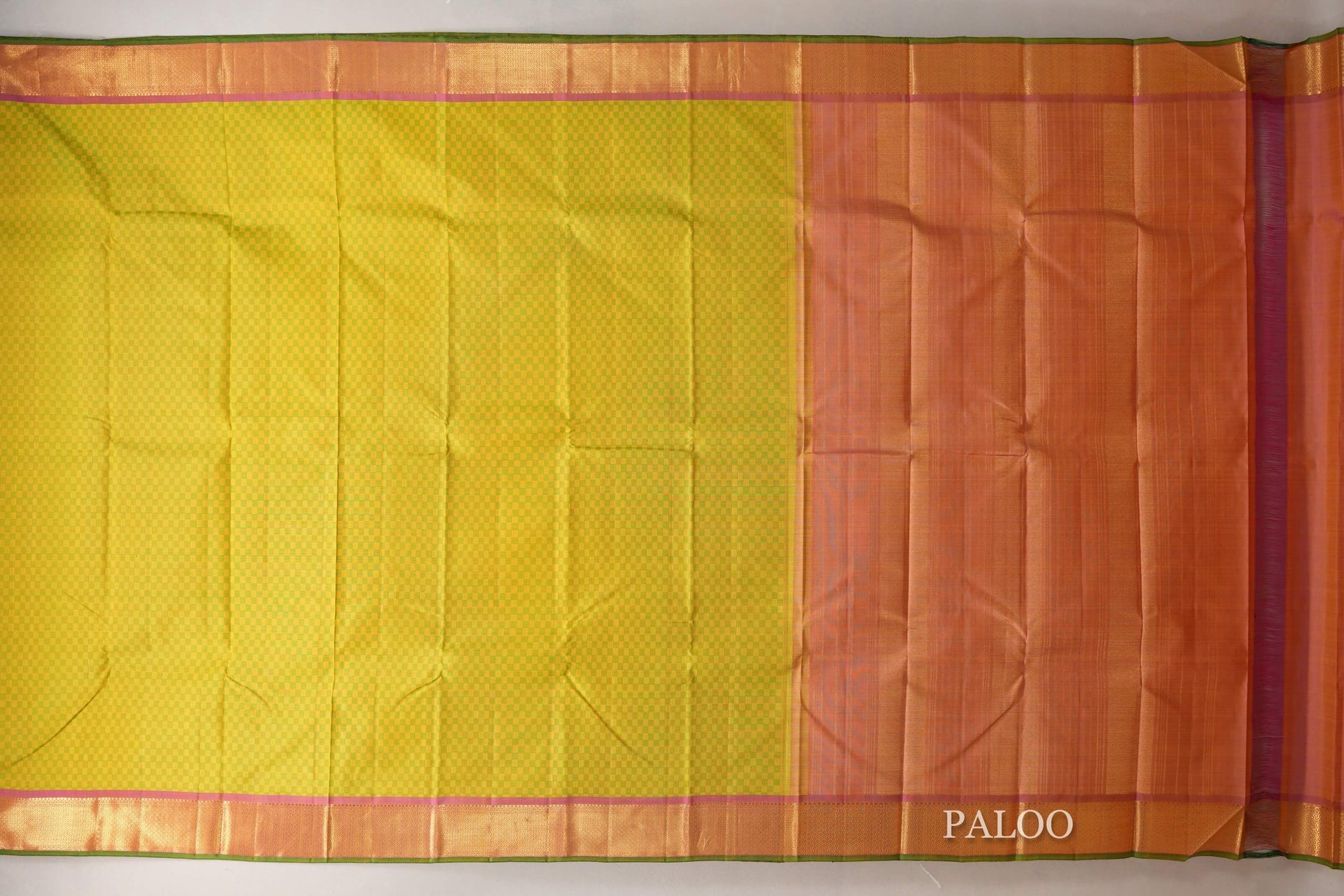 Green and Yellow Checks Vintage Kanjivaram Silk Saree paloo