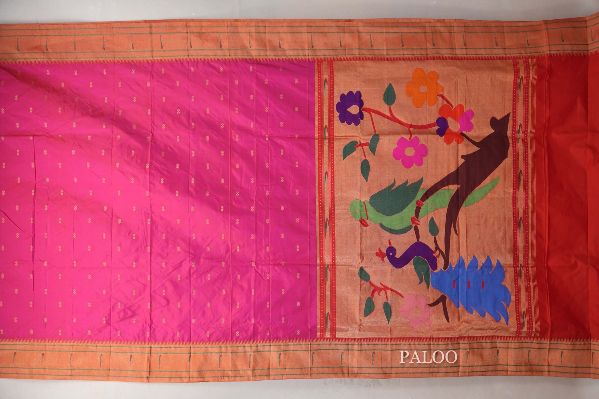 rani pink Paithani Inspired Soft Silk Saree paloo