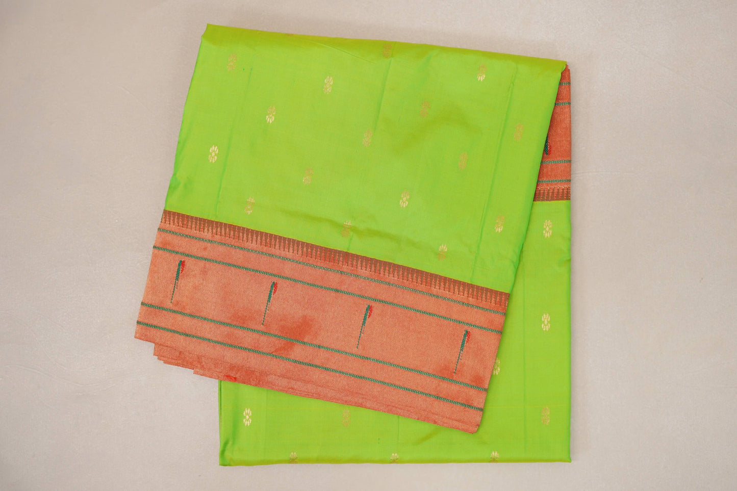folded Yellowish Green Paithani Inspired Soft Silk Saree 
