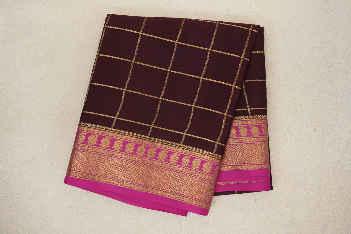 Plum Brown with Rani Pink Borders Mysore Silk Saree