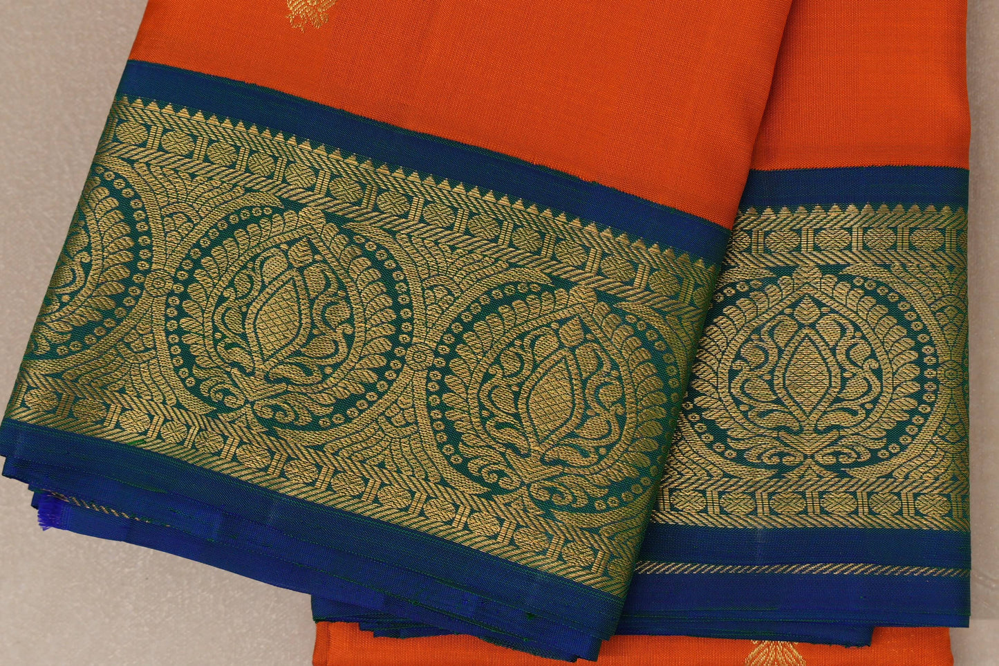 Bright orange with Peacock Blue borders Vintage Kanjivaram Silk Saree by Shreenivas Silk border