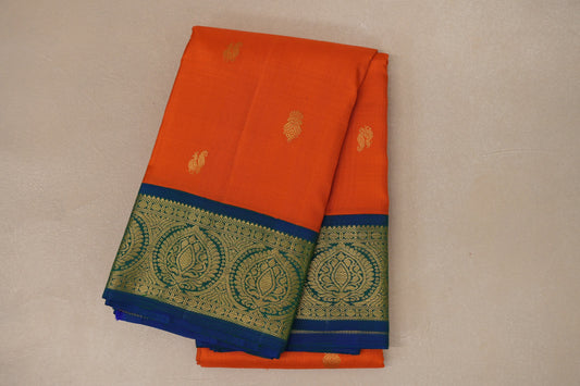Bright orange with Peacock Blue borders Vintage Kanjivaram Silk Saree by Shreenivas Silk