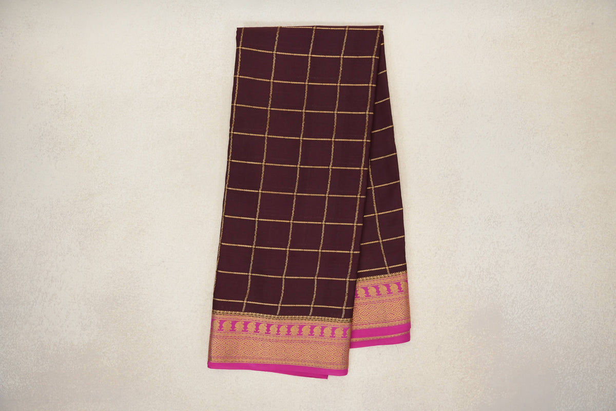 Online Plum Brown with Rani Pink Borders Mysore Silk Saree