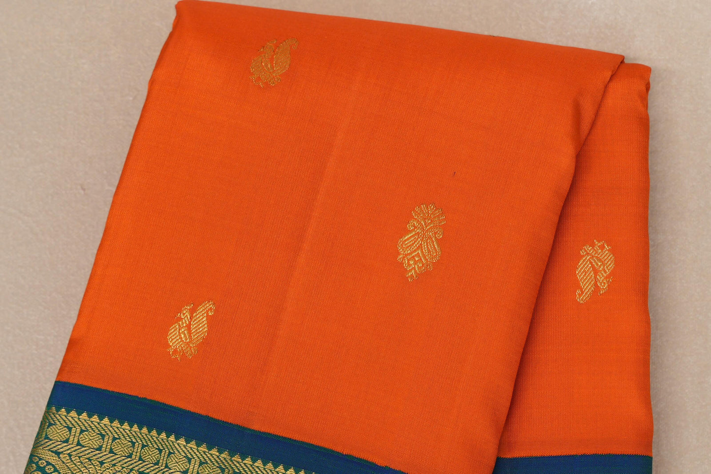 Bright orange with Peacock Blue border Vintage Kanjivaram Silk Saree SS8976