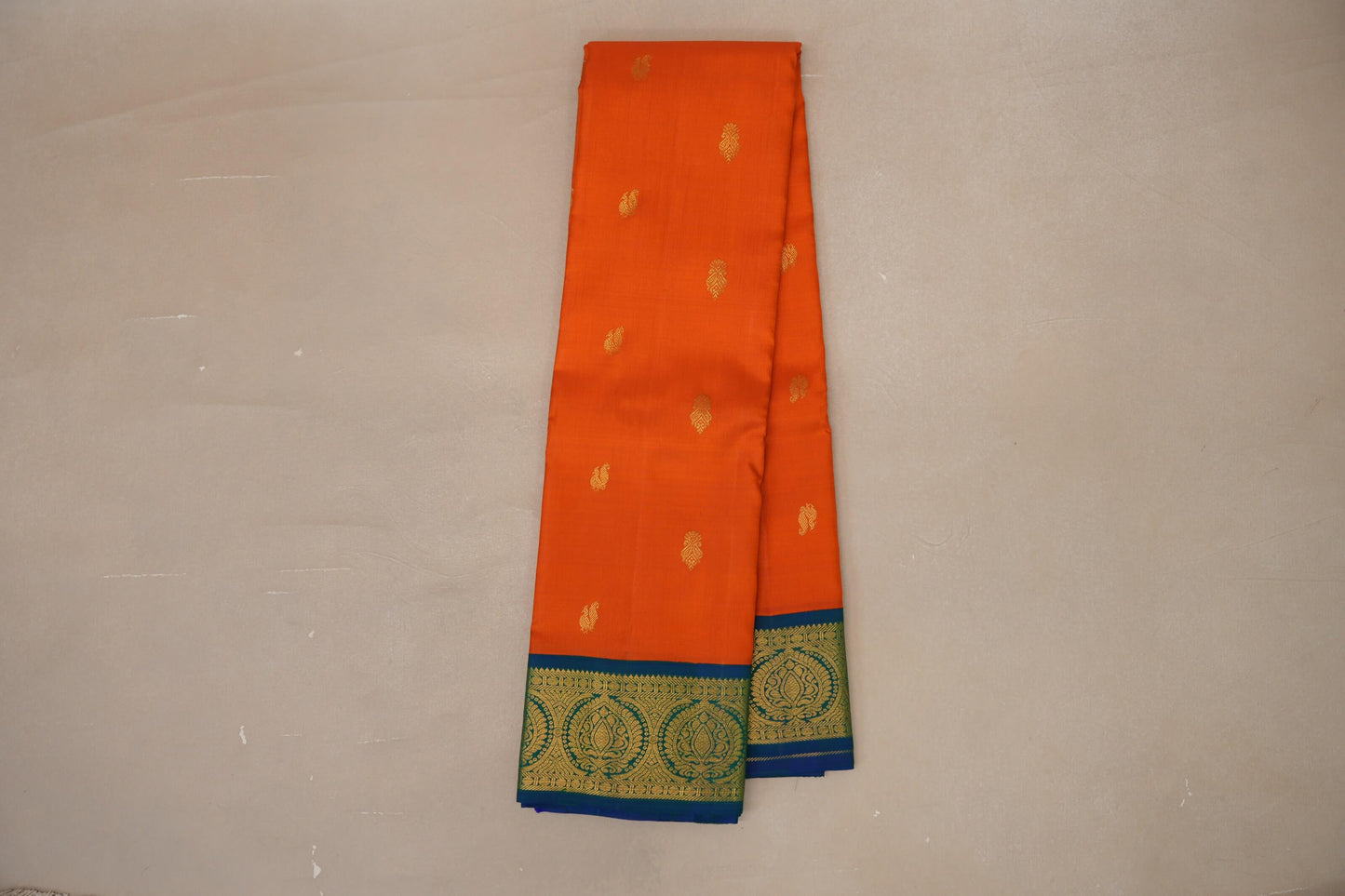 Bright orange with Peacock Blue border Vintage Kanjivaram Silk Saree SS8976