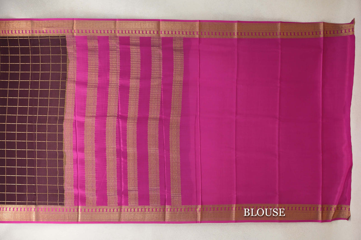 Plum Brown with Rani Pink Borders Mysore Silk Saree blouse