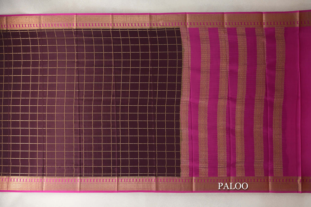 Plum Brown with Rani Pink Borders Mysore Silk Saree paloo