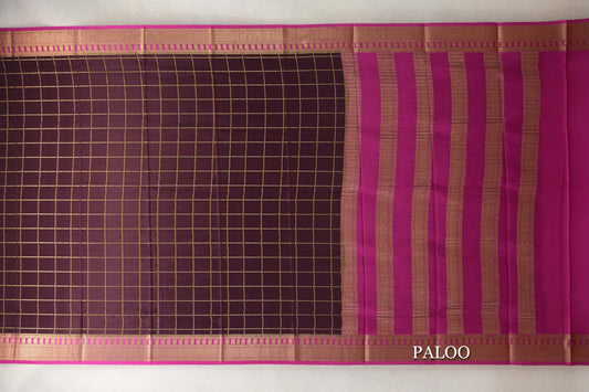 Plum Brown with Rani Pink Borders Mysore Silk Saree paloo
