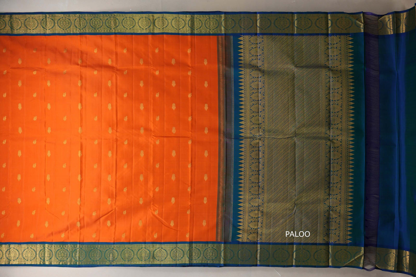 Bright orange with Peacock Blue borders Vintage Kanjivaram Silk Saree by Shreenivas Silk paloo
