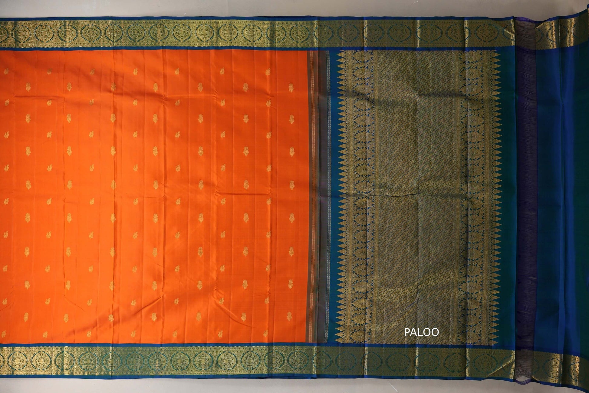 Bright orange with Peacock Blue borders Vintage Kanjivaram Silk Saree by Shreenivas Silk paloo
