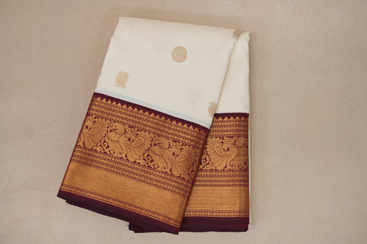 Cream with Deep Maroon borders Vintage Kanjivaram Silk Saree by Shreenivas Silks