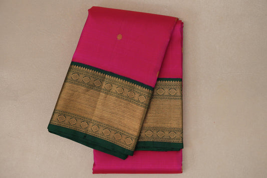 Bright rani pink with Bottle Green border Vintage Kanjivaram Silk Saree