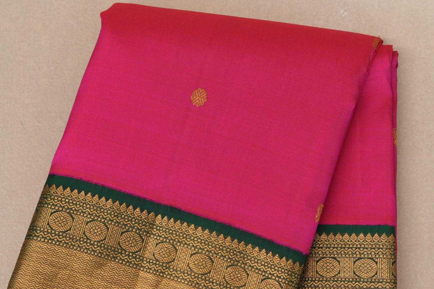 Bright rani pink with Bottle Green border Vintage Kanjivaram Silk Saree body