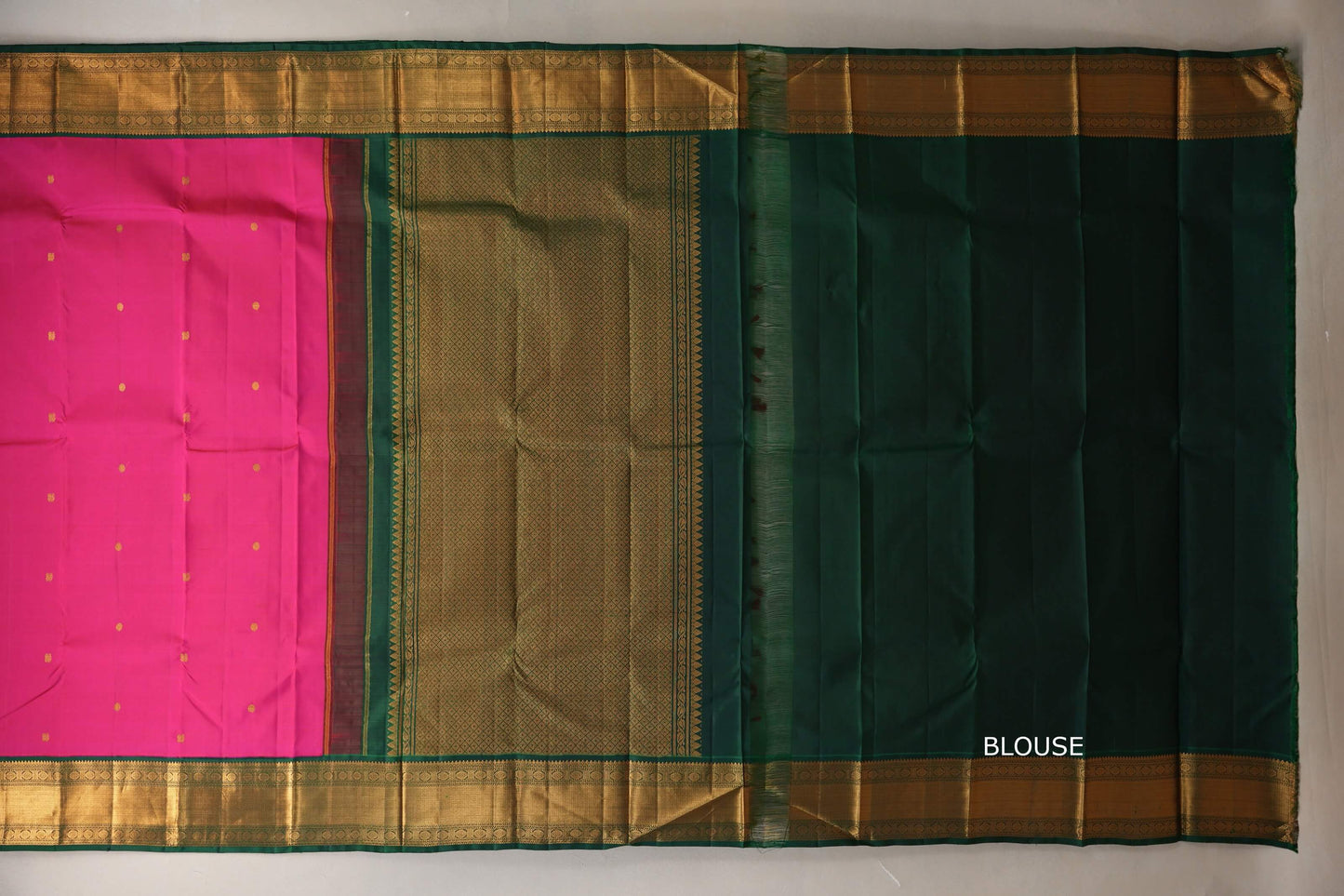 Bright rani pink with Bottle Green border Vintage Kanjivaram Silk Saree blouse