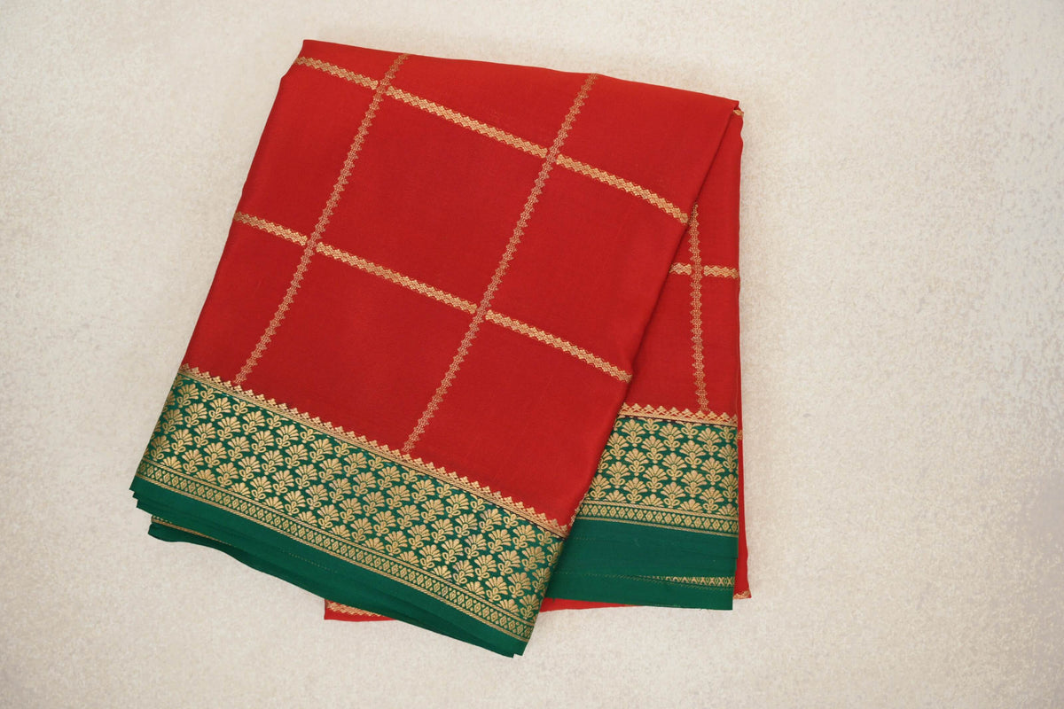 Tomato Red with Deep Emerald Green Borders Mysore Silk Saree