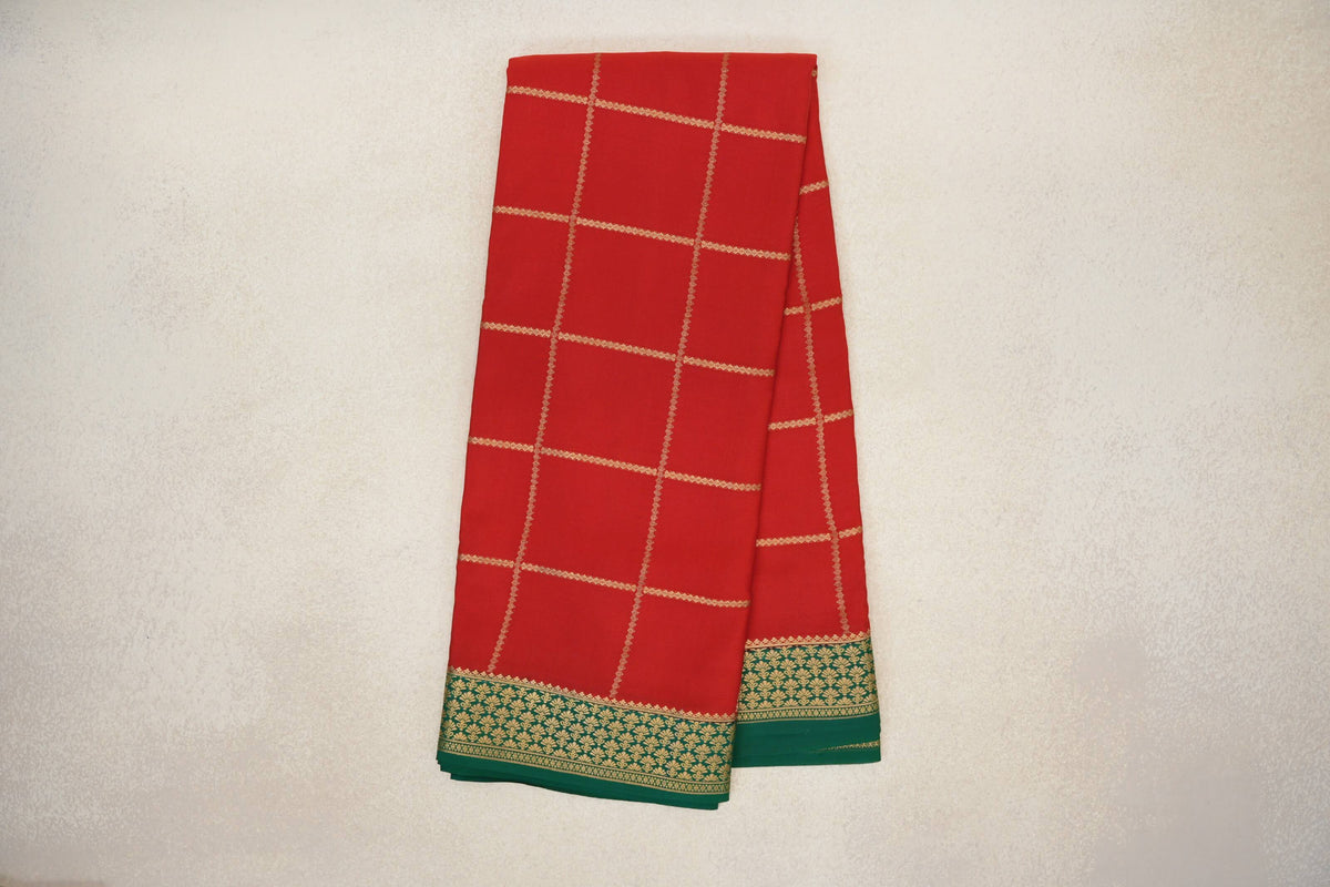 Online Tomato Red with Deep Emerald Green Borders Mysore Silk Saree