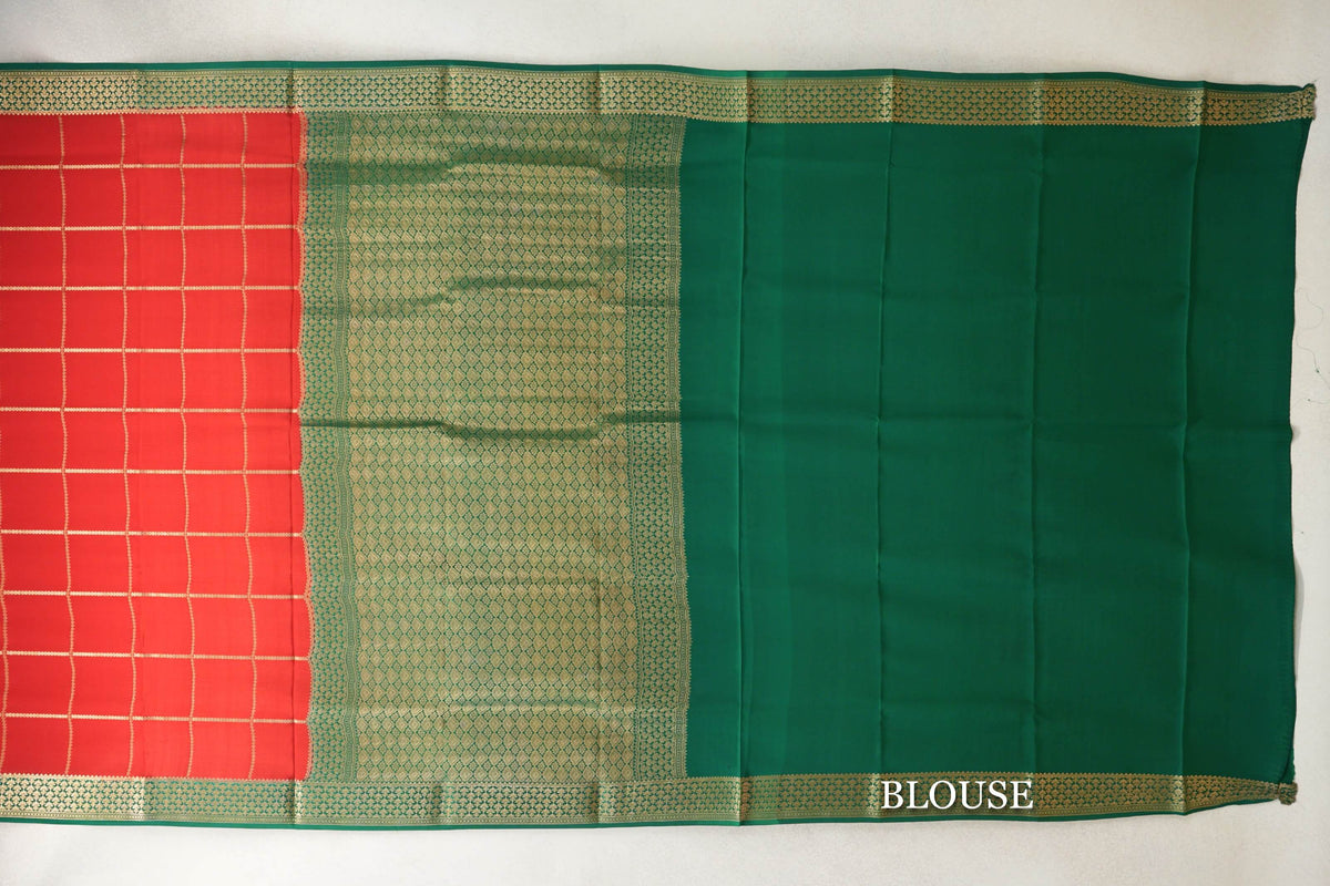 Tomato Red with Deep Emerald Green Borders Mysore Silk Saree blouse