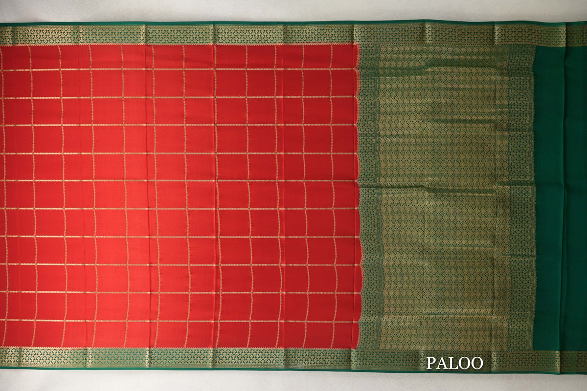 Tomato Red with Deep Emerald Green Borders Mysore Silk Saree paloo