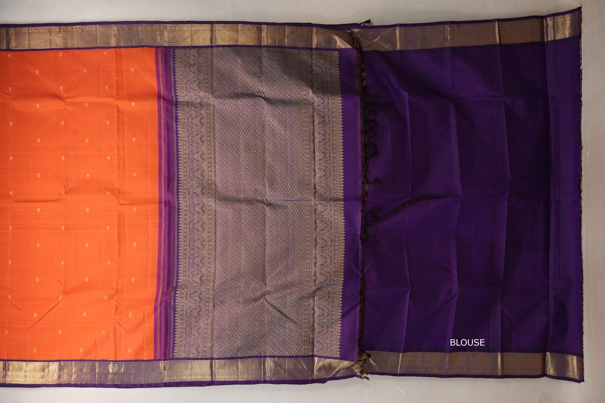 Deep orange with Deep Violet border Vintage Kanjivaram Silk Saree blouse