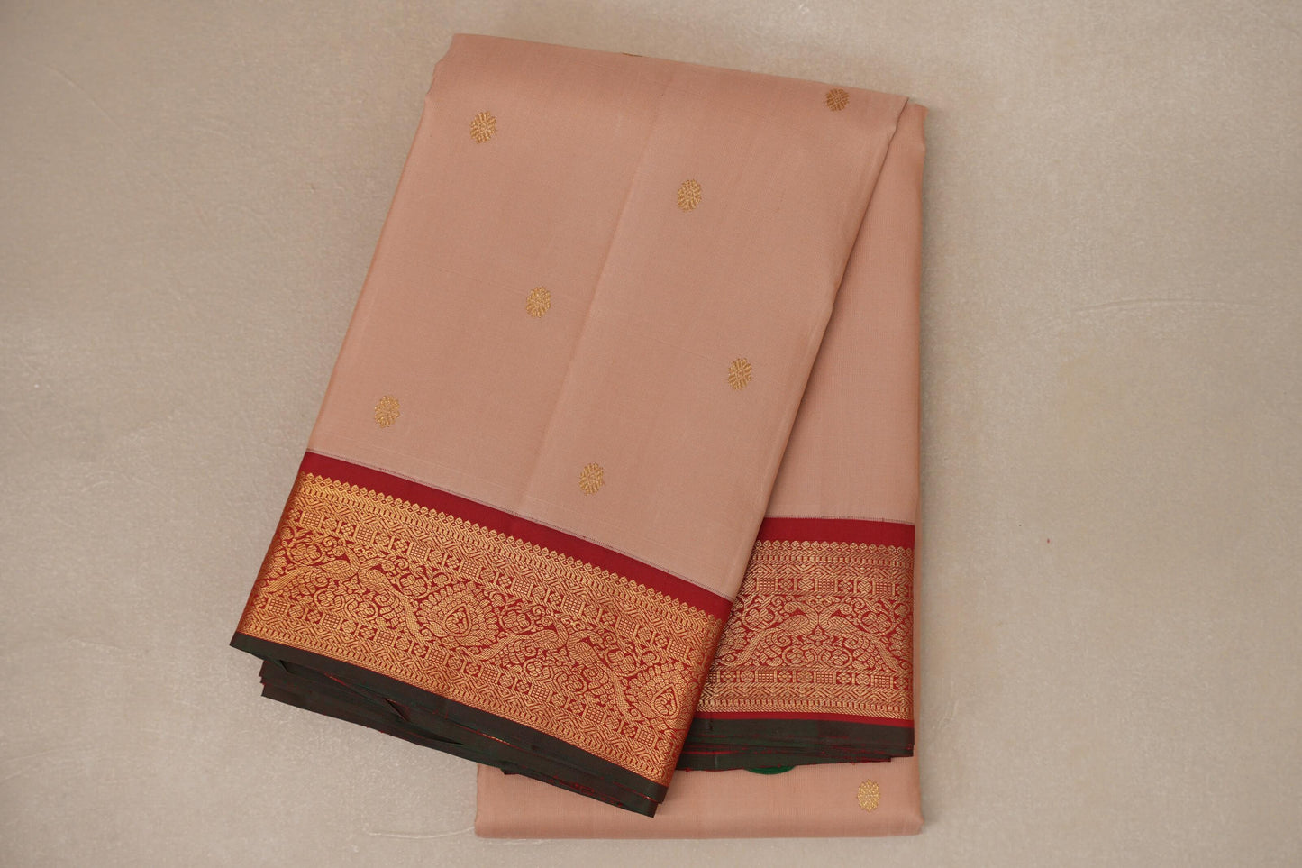 Sandal beige with  Red with Manthulir selvedge border Vintage Kanjivaram Silk Saree SS8980