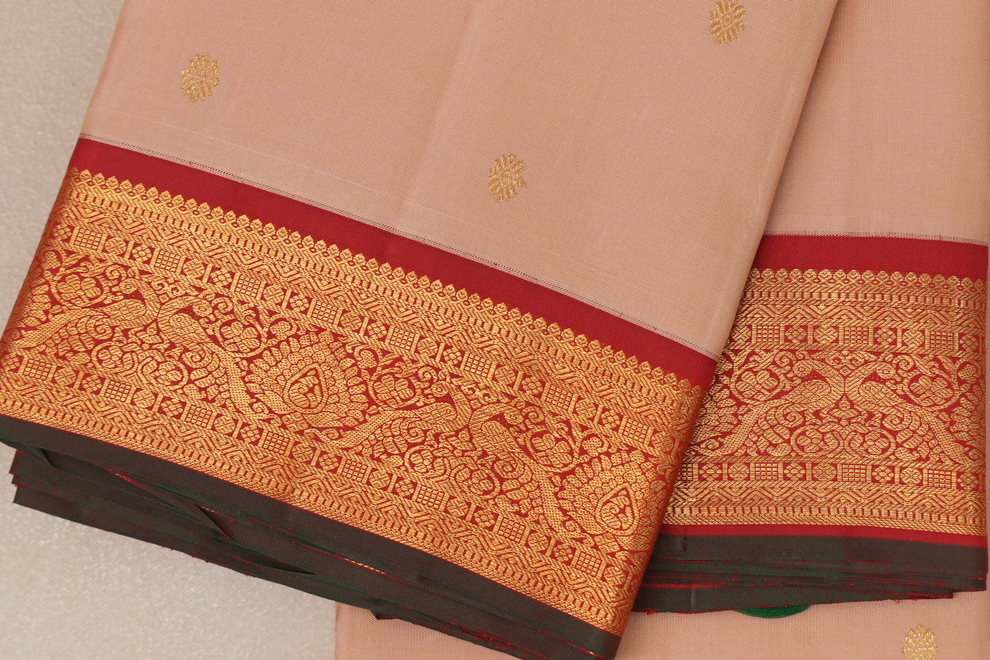 Sandal beige with  Red with Manthulir selvedge border Vintage Kanjivaram Silk Saree SS8980