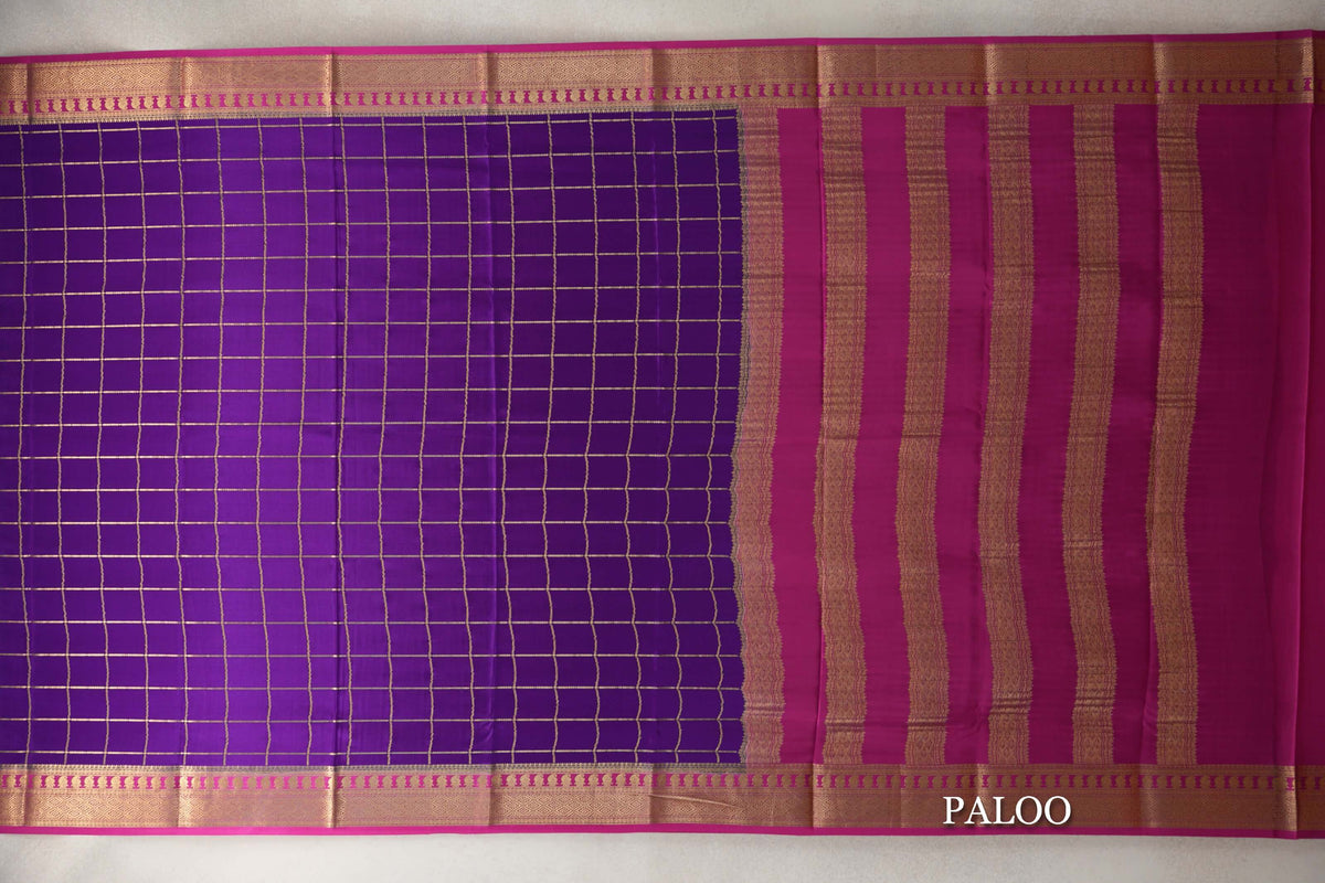Violet Purple with Rani Pink Borders Mysore Silk Saree paloo