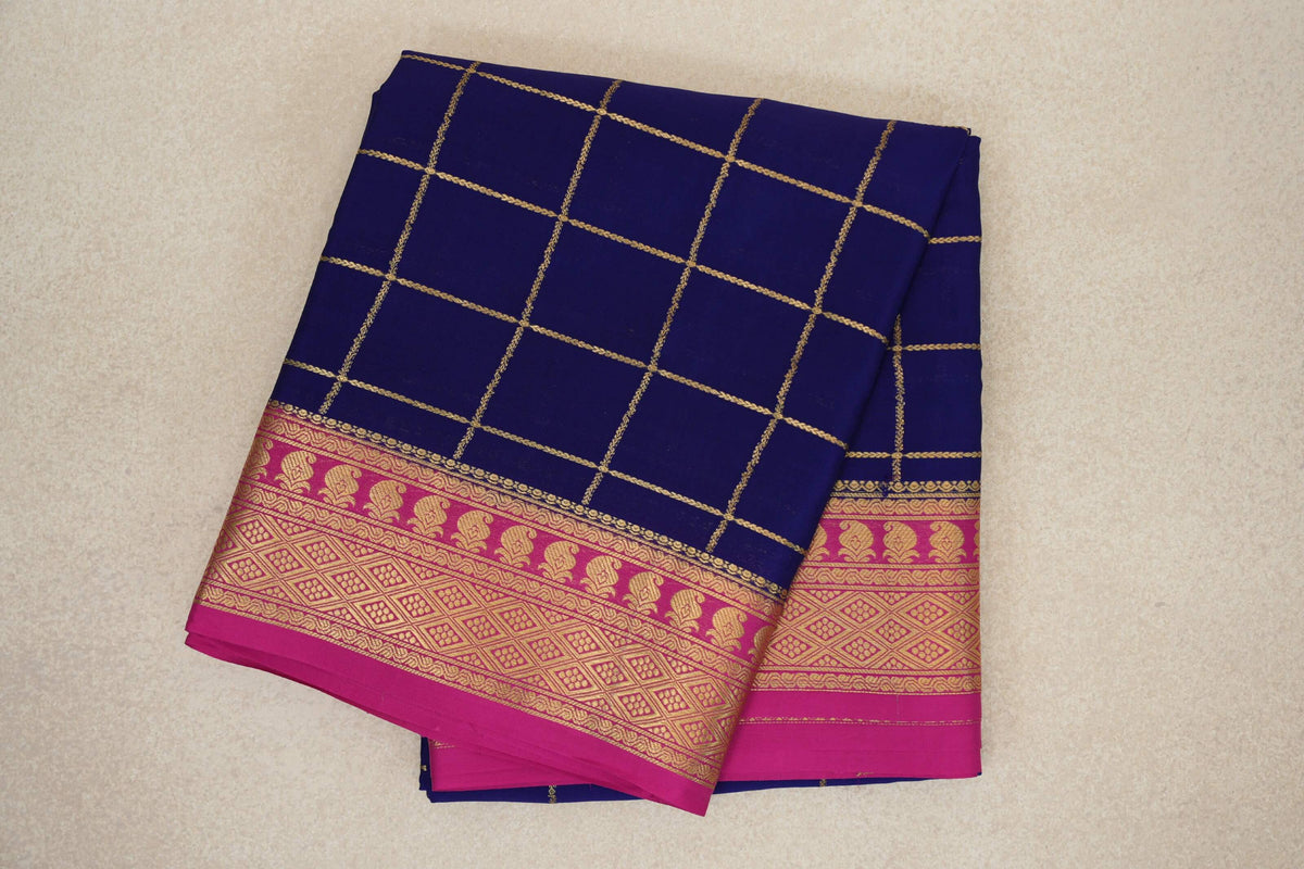 Navy Blue with Rani Pink Borders Mysore Silk Saree