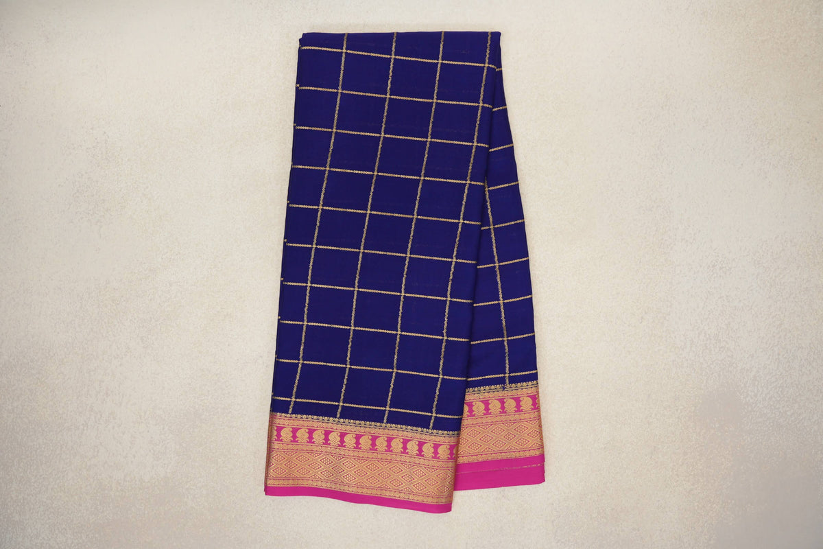 Online Navy Blue with Rani Pink Borders Mysore Silk Saree