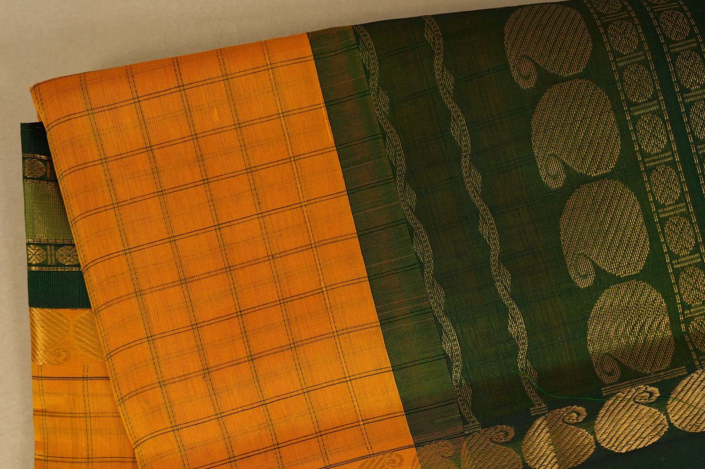 Mango Yellow with Dark Green Borders Silk Cotton Saree SS7927