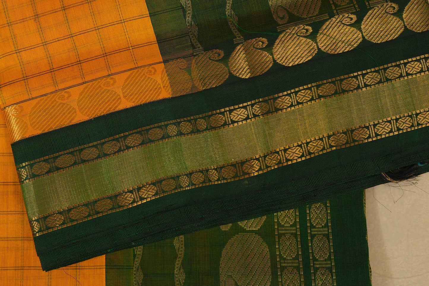 Mango Yellow with Dark Green Borders Silk Cotton Saree SS7927