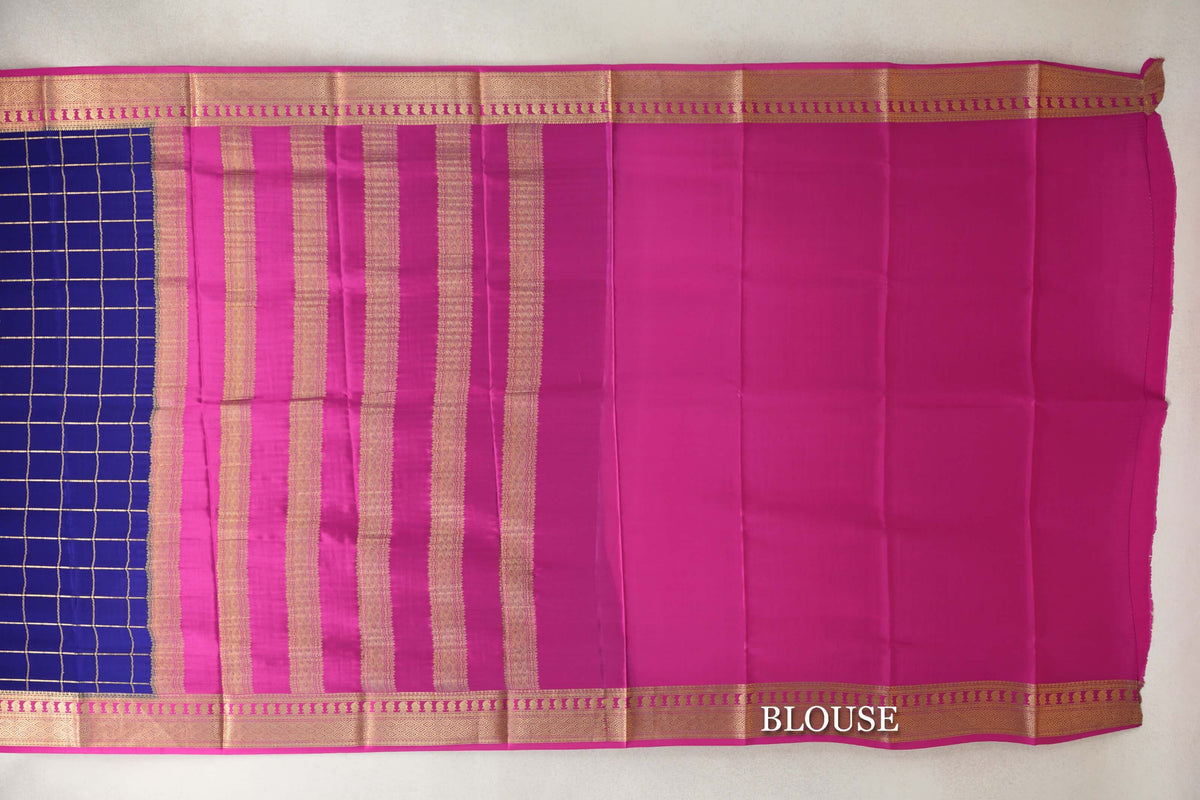 Navy Blue with Rani Pink Borders Mysore Silk Saree blouse