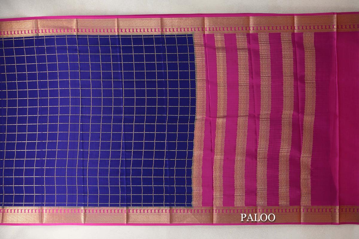 Navy Blue with Rani Pink Borders Mysore Silk Saree paloo