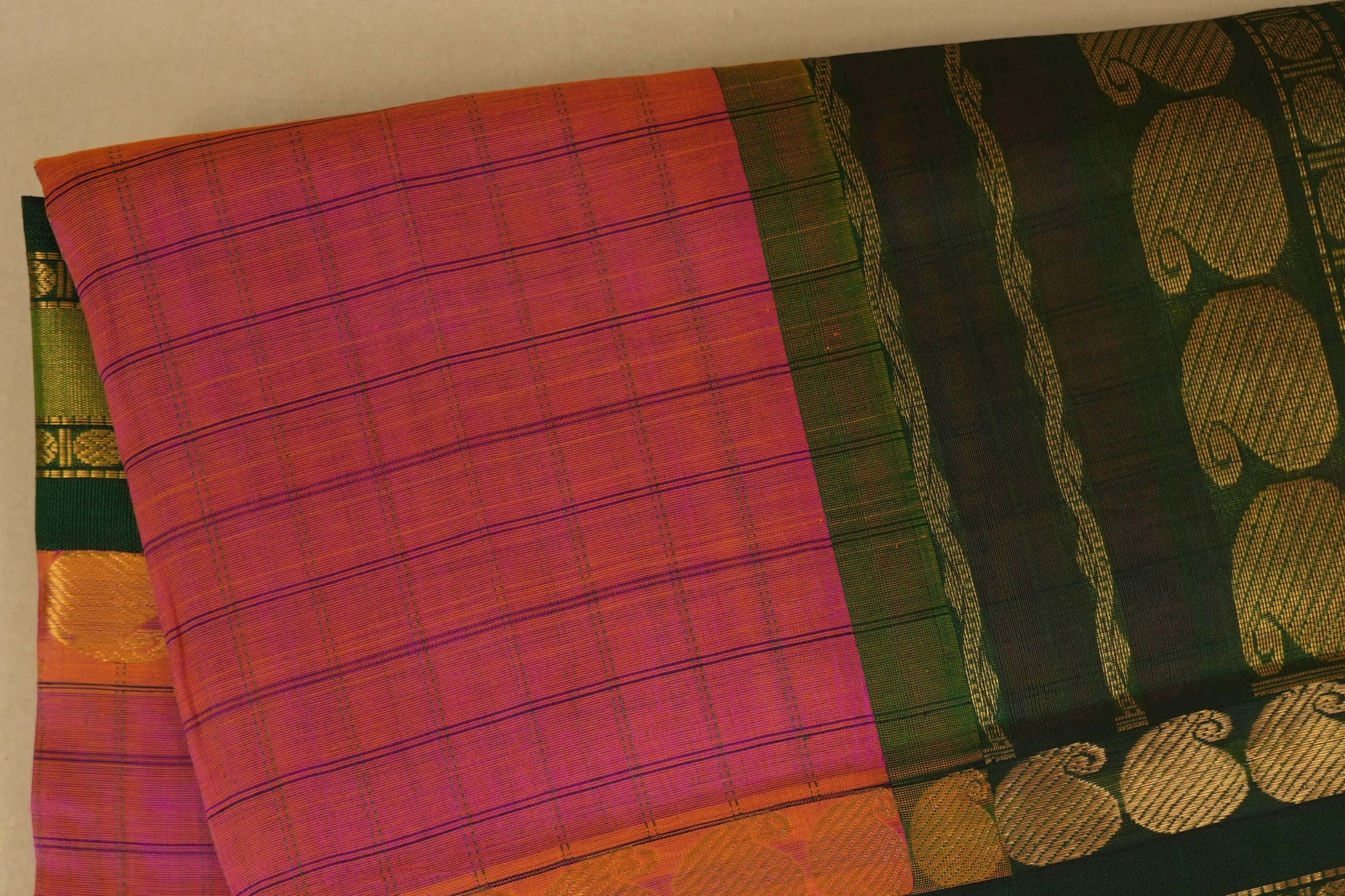 checked pinkish orange silk cotton saree body zoom