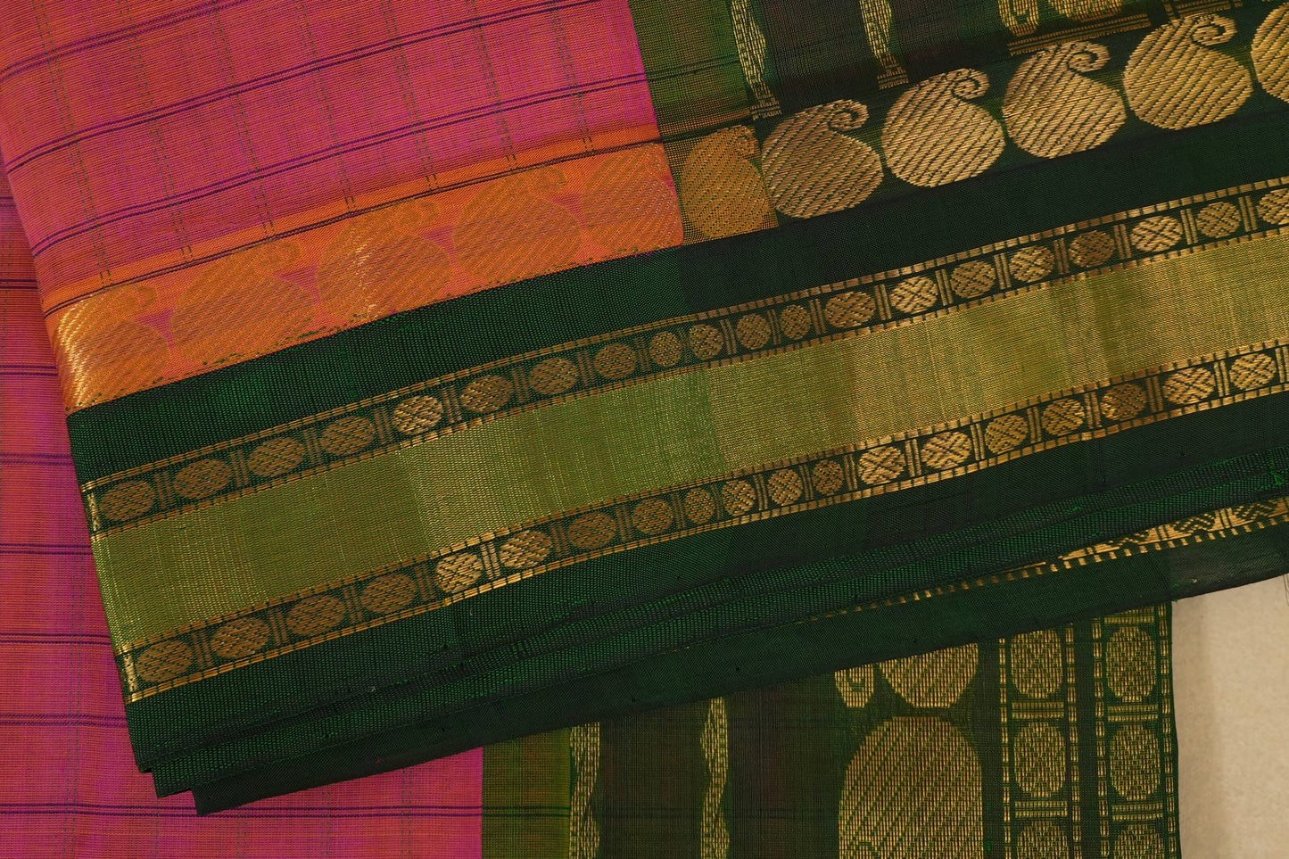 Pinkish Orange Silk Cotton Saree  borders zoom