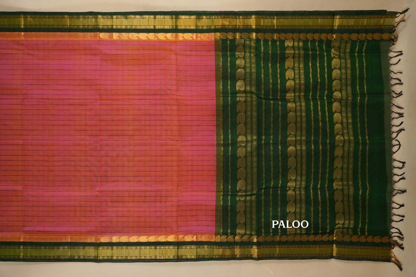 Pinkish Orange Silk Cotton Saree paloo